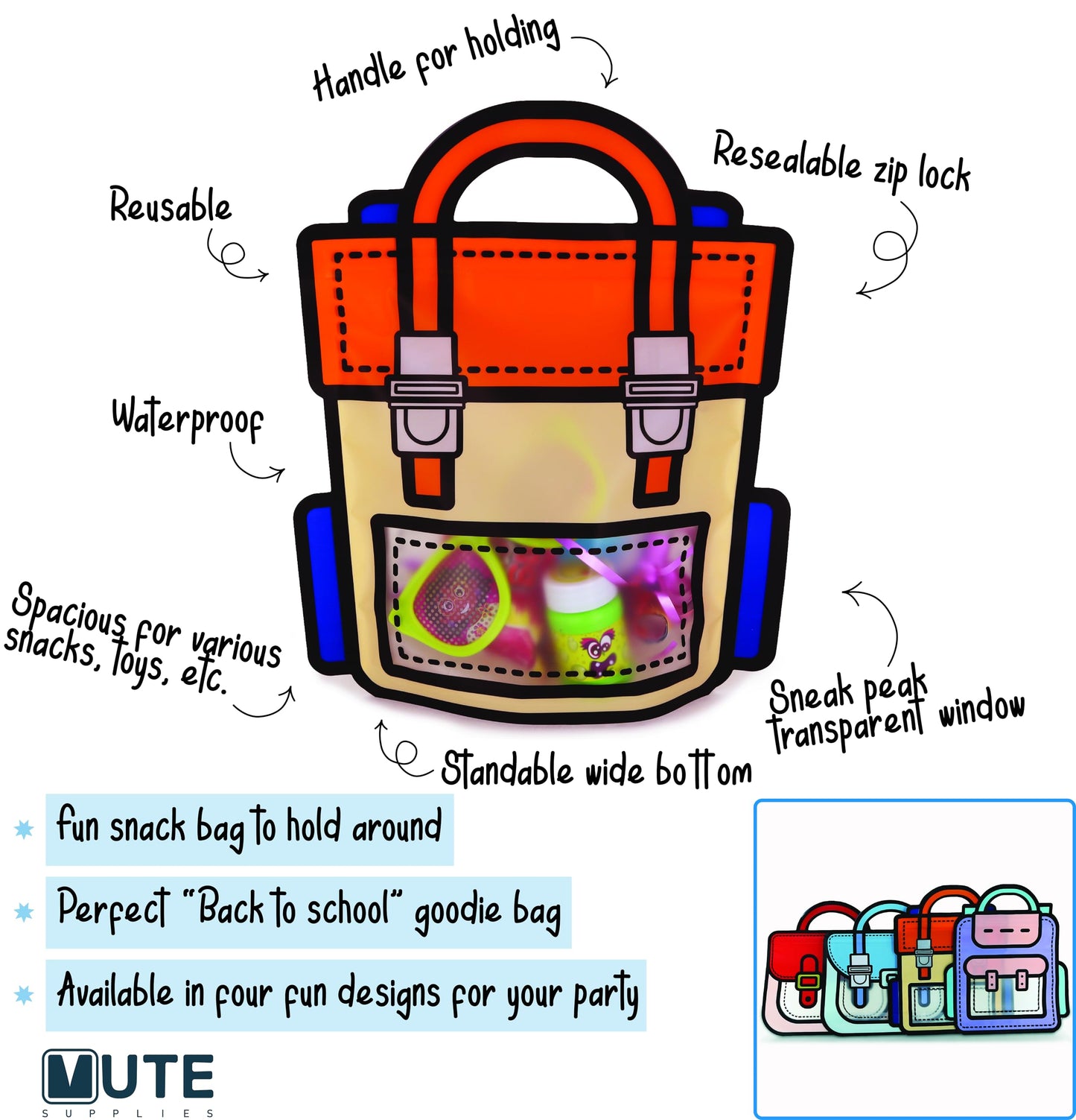 20 Pack Goodie Bags for Kids Birthday Party Supplies - Bulk Gift Bag for Favors, Food, and Candy with Resealable Ziplock Seal (Orange/Large)